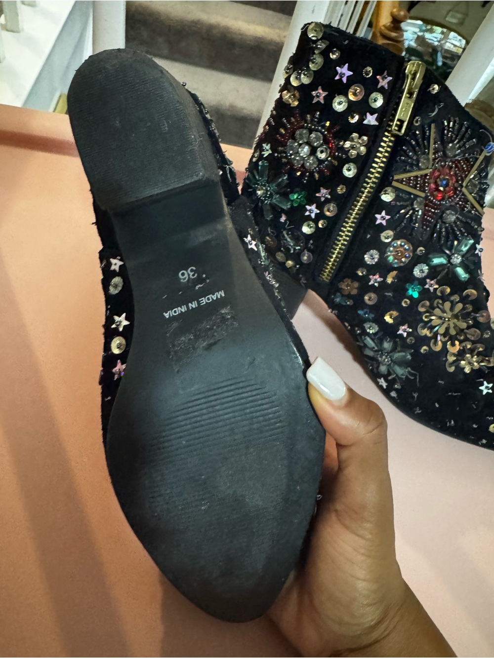 Free People Black Embellished Velvet Ankle Boots with Multicolor Gems - Picture 5 of 6